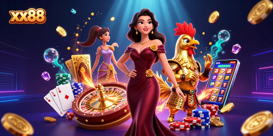 Win big at xx88 with a vibrant 3D casino scene featuring glamorous characters and dynamic game elements.