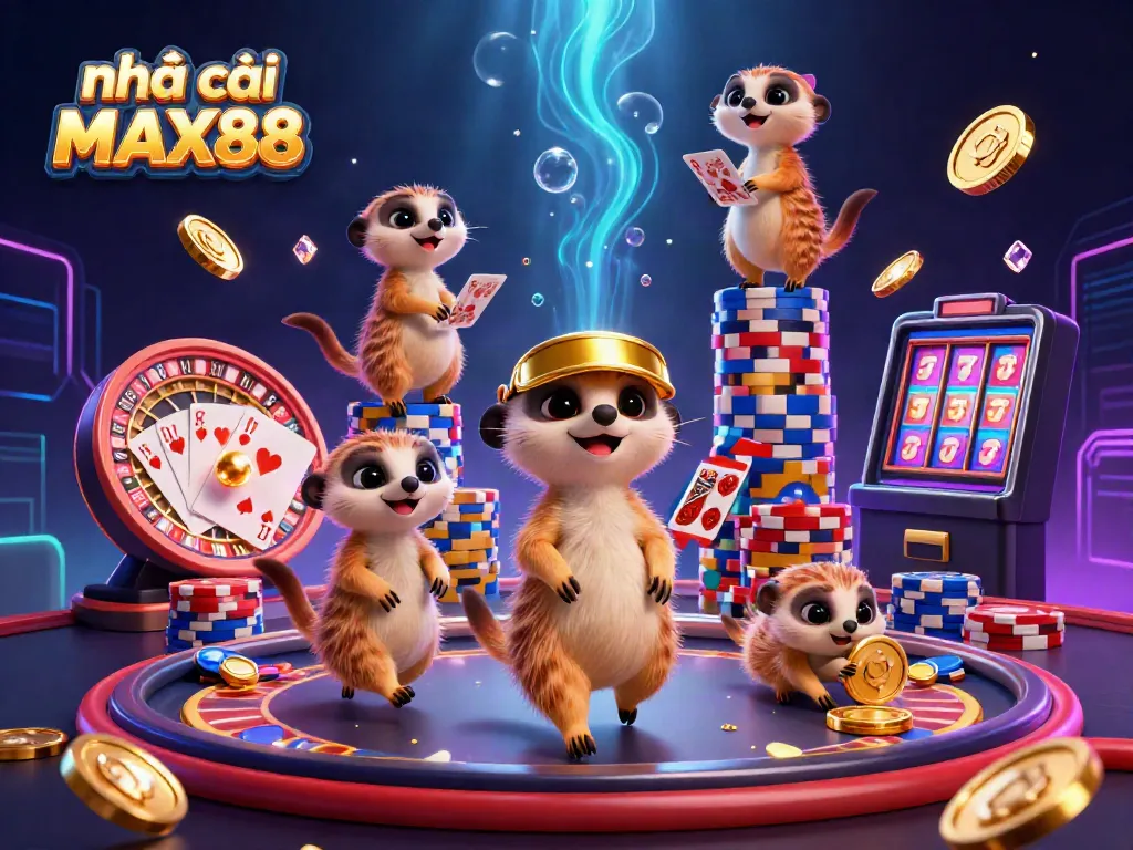 Meerkats managing a casino with vibrant elements, showcasing nhà cái MAX88's exciting gaming atmosphere.