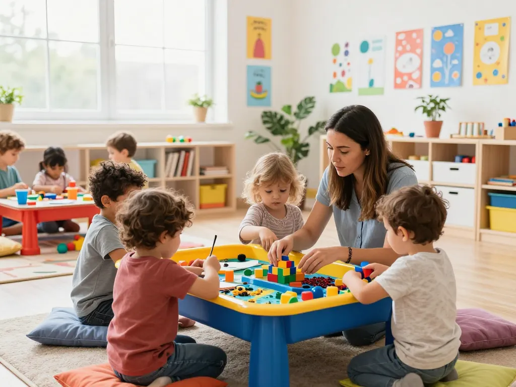 Children joyfully learning and exploring at a nursery with engaging activities centered around panen178 concepts.