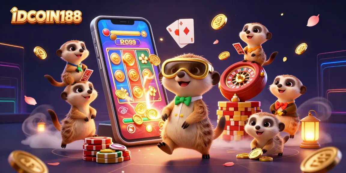 IDCOIN188 offers a vibrant casino experience with meerkats managing games, showcasing slot games and poker elements.