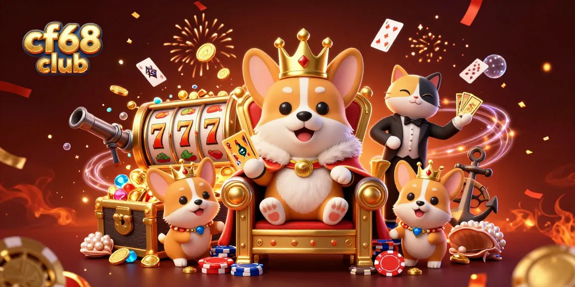 Experience the thrill of gaming at cf68 club with vibrant 3D illustrations of a royal corgi and casino elements.