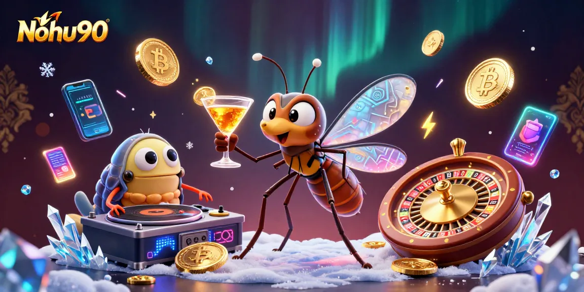 Nohu90 brings buzzing excitement with unique casino characters and crypto elements in a vibrant illustration