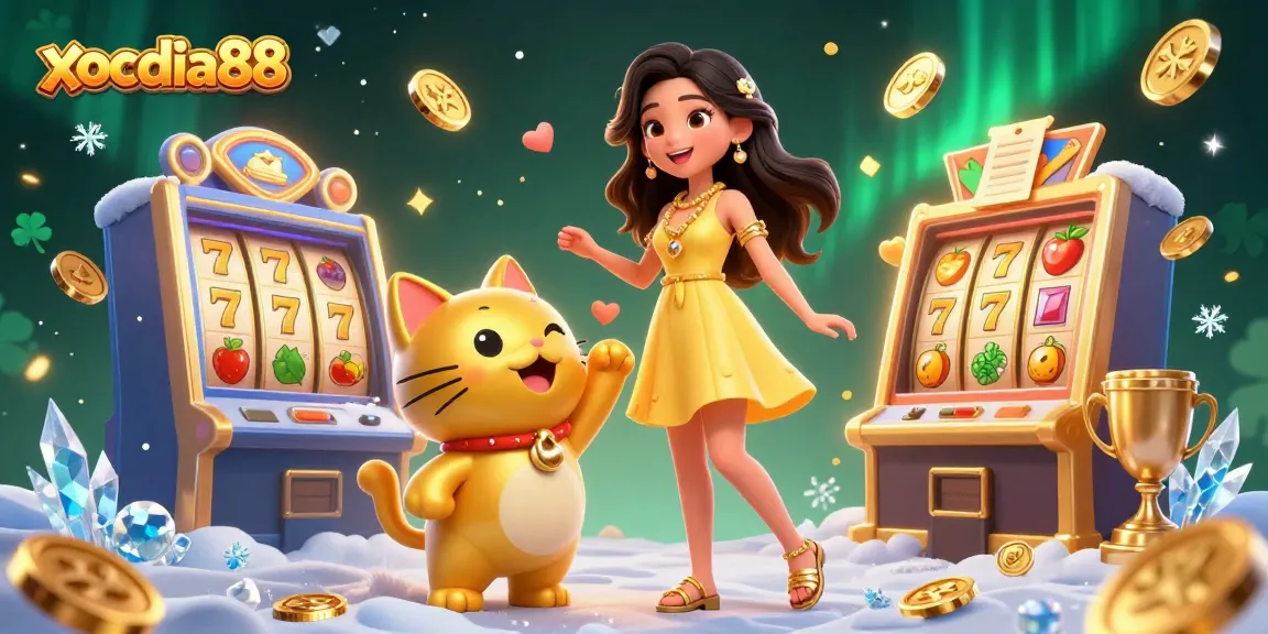 Xocdia88 offers engaging casino excitement with a cheerful woman and golden lucky cat mascot amidst lively slot game elements.