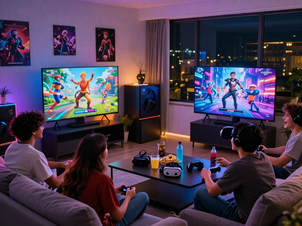 Group enjoying multiplayer porngame in a vibrant gaming lounge