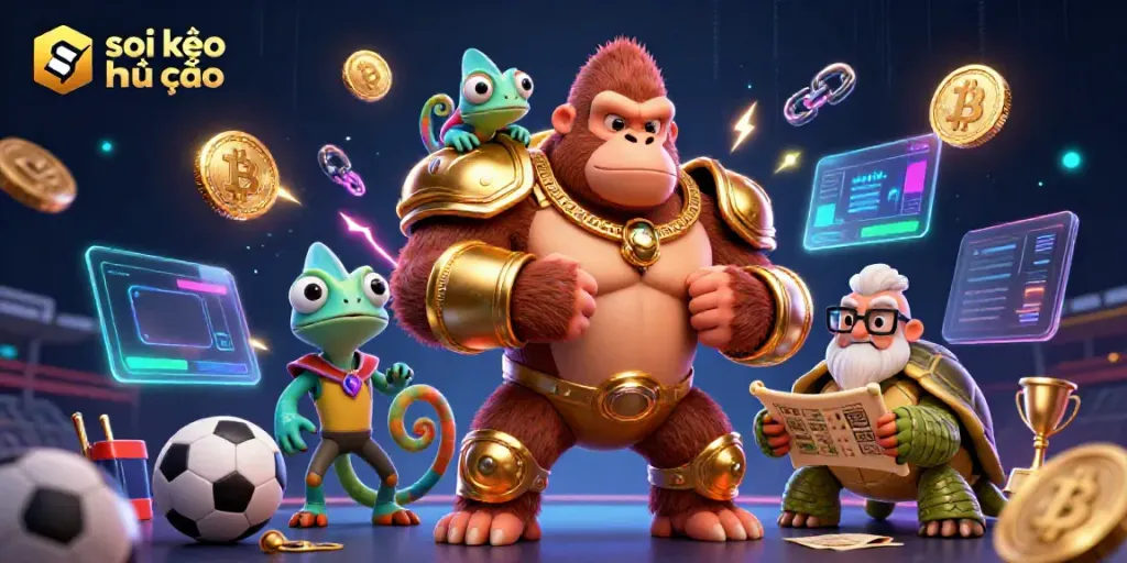 Engage in soi kèo nhà cái with a gorilla king and gambling elements surrounded by a vibrant casino atmosphere.
