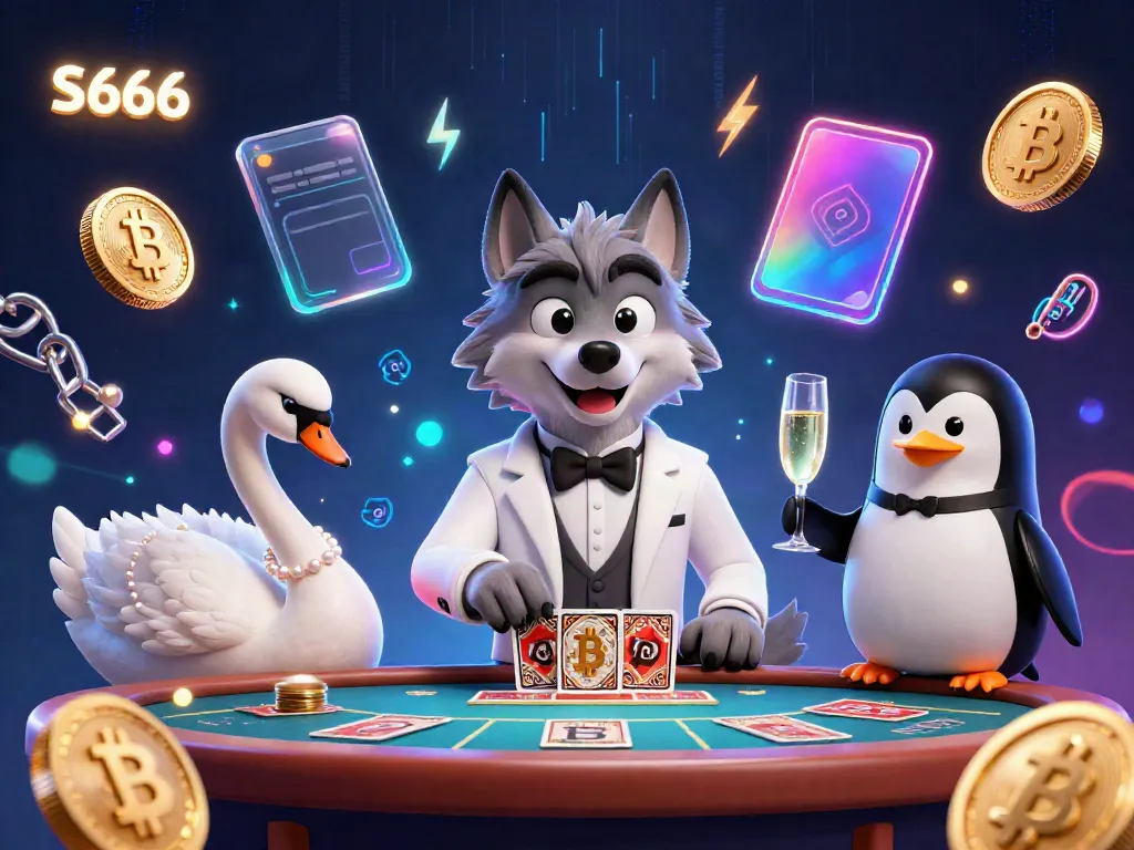 S666 users enjoy thrilling baccarat as a debonair wolf, elegant swan, and sophisticated penguin create a lively casino scene.