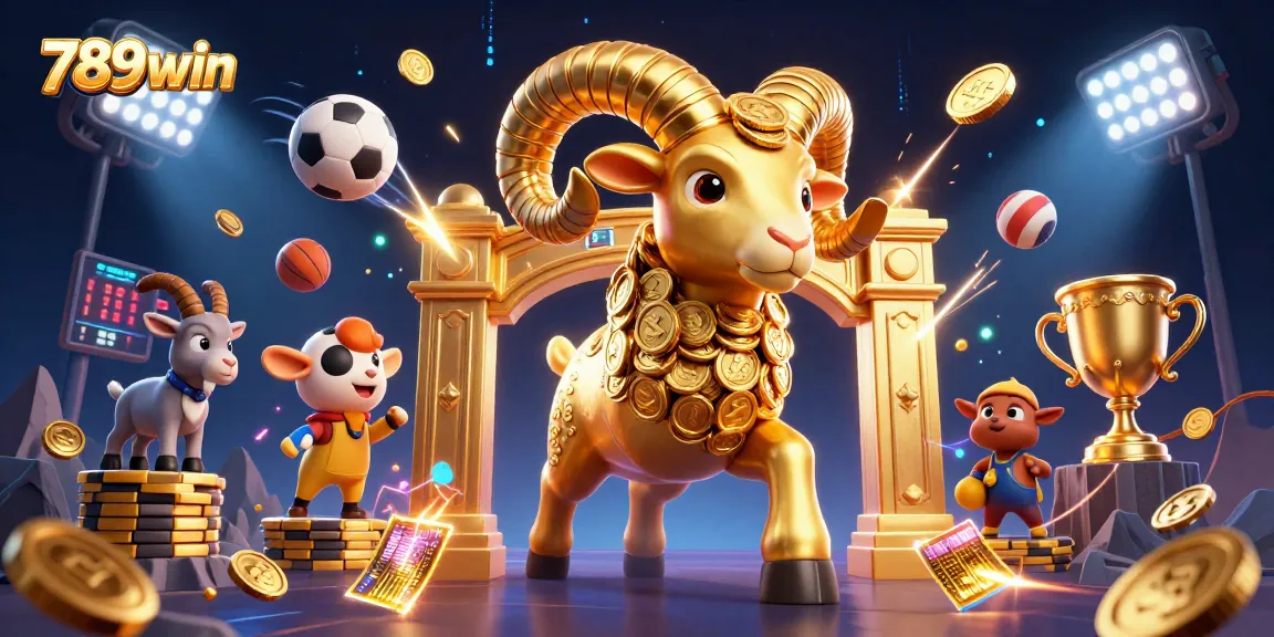 Experience thrilling gameplay at 789win with dynamic 3D illustrations of a golden ram and vibrant sports elements.