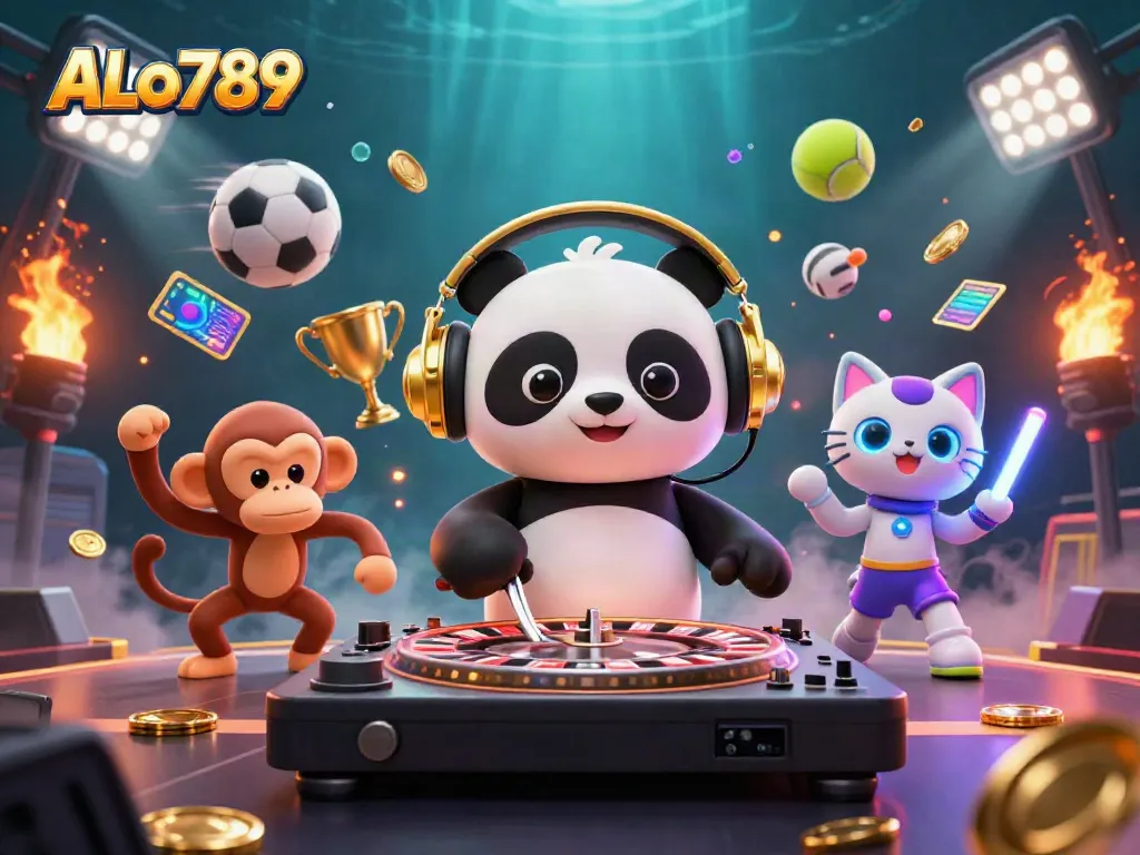 Experience the excitement of ALo789 with a lively scene featuring a DJ panda and dynamic sports elements.
