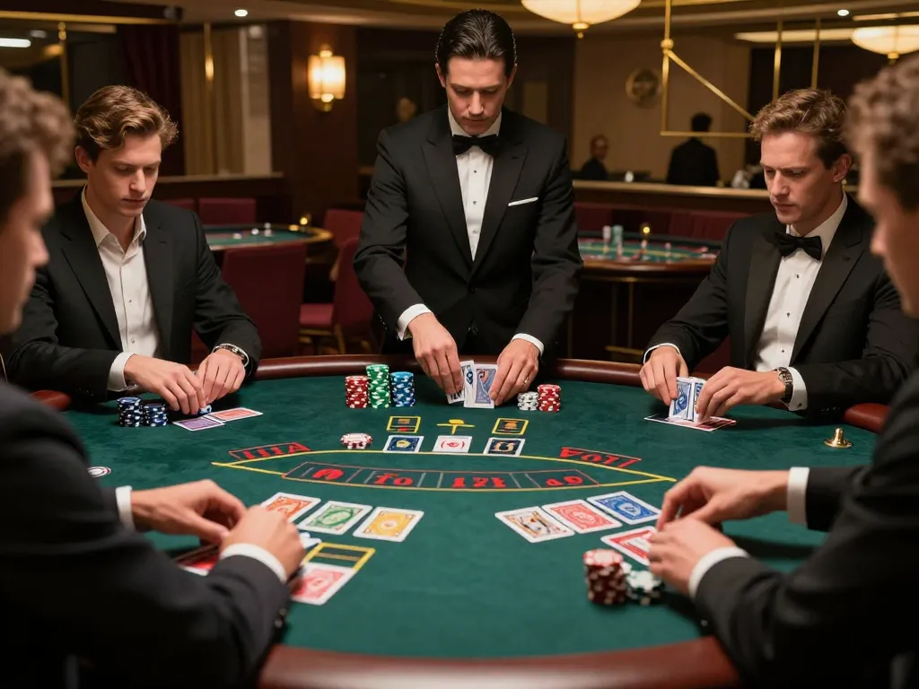 Permainan yang menarik di meja blackjack di kasino mewah, menampilkan taruhan strategis dan pengocokan kartu.