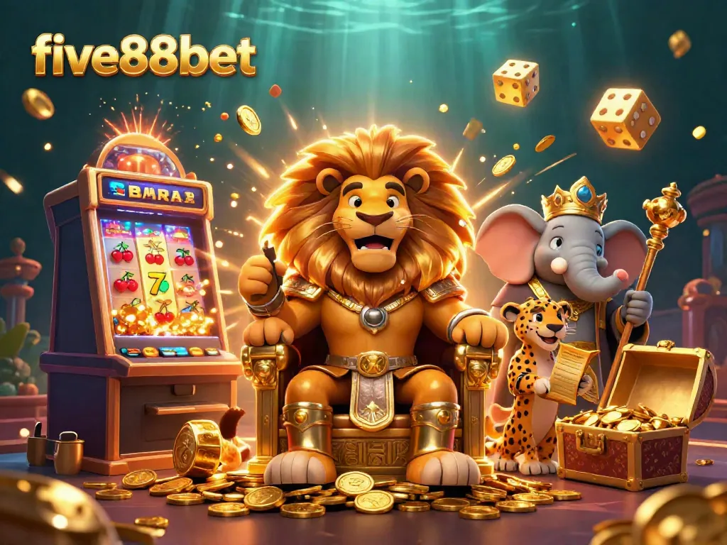 Win big with five88bet's vibrant casino scene featuring a lion king, elephant advisor, and cheetah messenger.