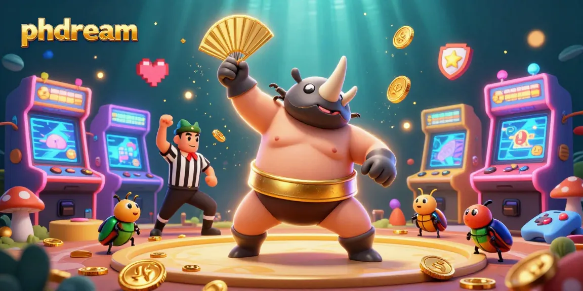 Join the excitement at Phdream with a vibrant 3D illustration of gaming champions and coins flying.