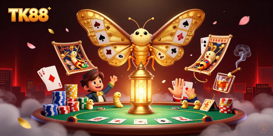 Experience thrilling gameplay at TK88 with a dynamic casino scene featuring a moth and poker elements.
