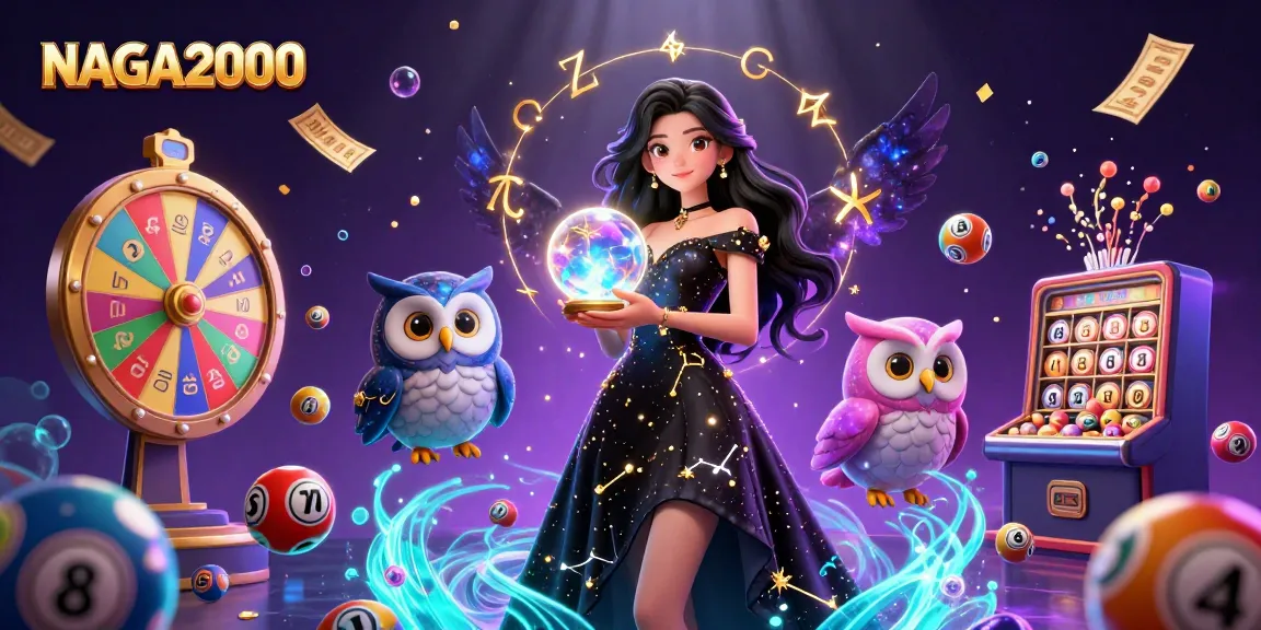 NAGA2000 menampilkan elemen dan karakter lotere yang berwarna-warni dalam ilustrasi kasino yang magis.