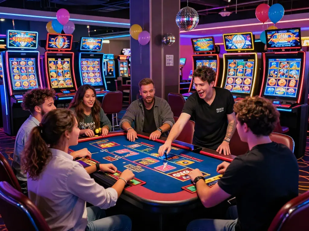 Exciting players enjoying slots at DiscoWin casino with vibrant atmosphere and bright lights.