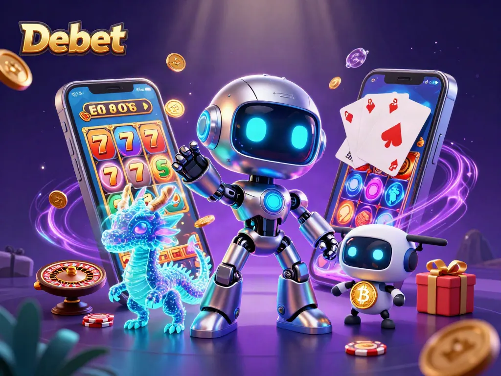 Experience thrilling gaming action with Debet’s captivating 3D cyberpunk casino scene featuring vibrant slot games and shining coins.