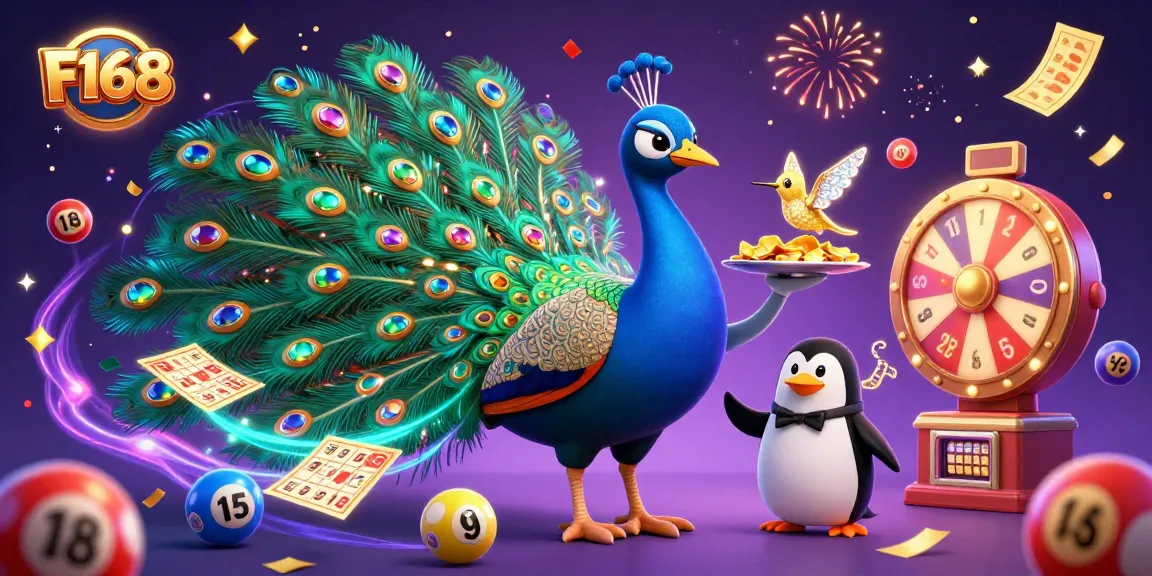 Experience F168 as a lively casino with colorful lottery elements and vibrant characters illustrating gaming excitement.