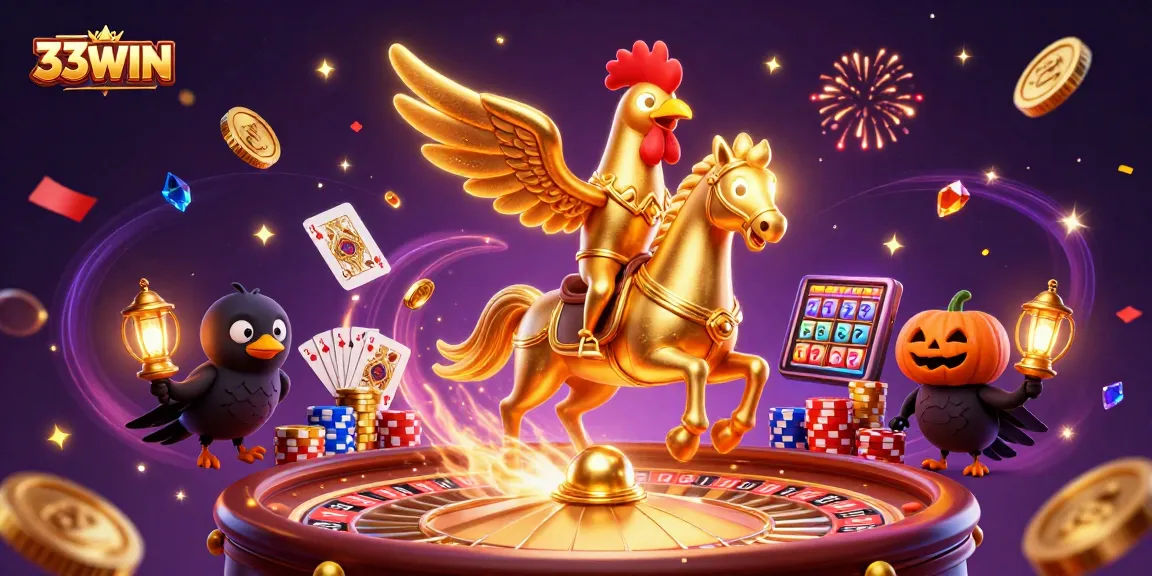 Experience the thrill of 33WIN with a golden rooster in a vibrant casino scene.