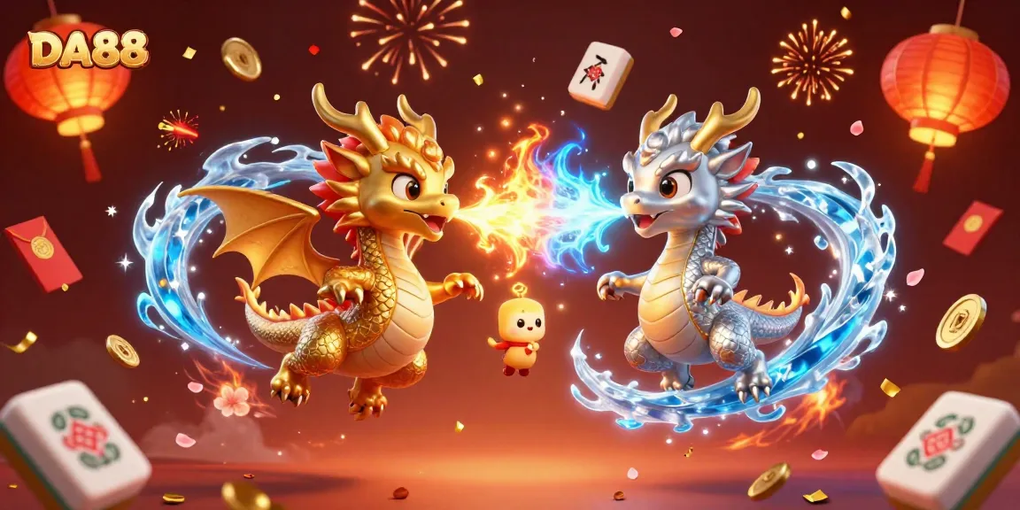 Engage with thrilling DA88 casino adventures as twin dragons breathe fire and ice surrounded by festive elements.