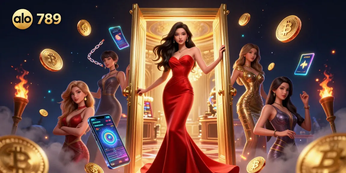 Engage with alo 789 at a luxurious casino doorway, surrounded by glowing crypto elements and rich details.