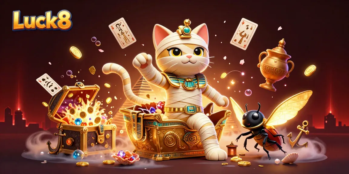 Experience the thrills of Luck8 with a vibrant casino scene showcasing a mummy cat and treasures!