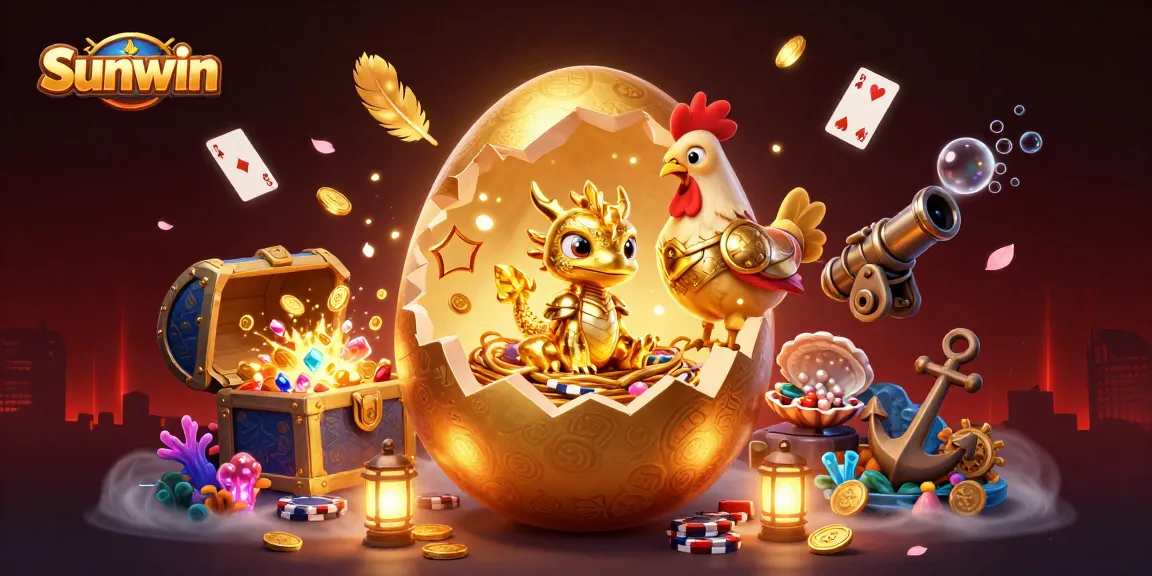 Sunwin showcases a golden dragon on poker chips amidst a vibrant casino scene with treasure and gaming elements.