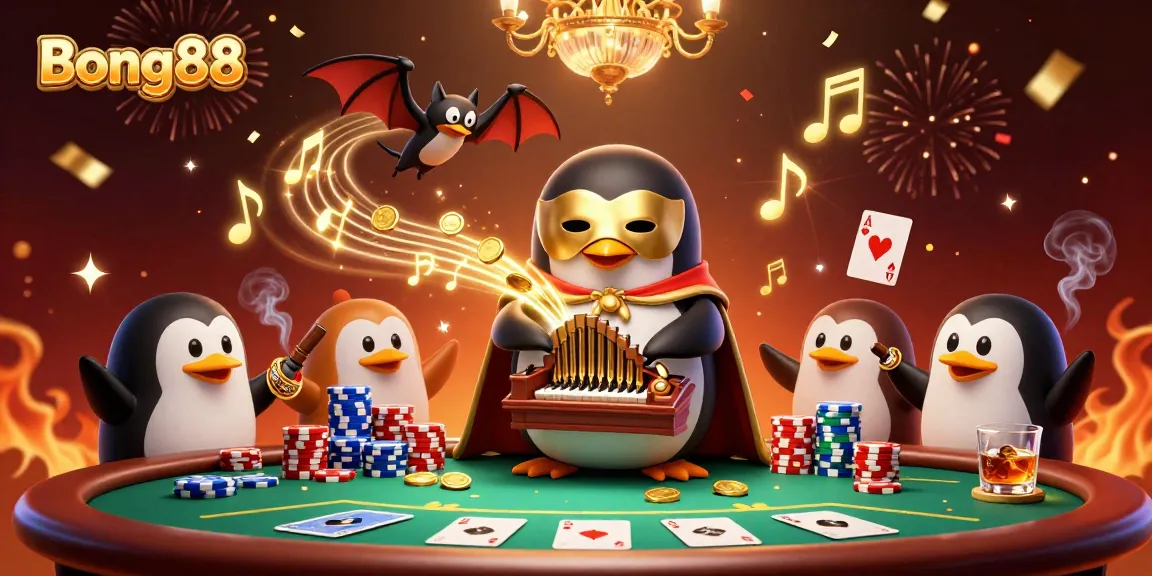 Bong88's exciting casino experience with a penguin playing organ and golden coins shooting out, surrounded by poker elements.