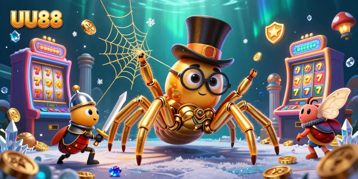 UU88 entices gamblers with a golden tarantula weaving a jackpot web among vibrant slot machines.