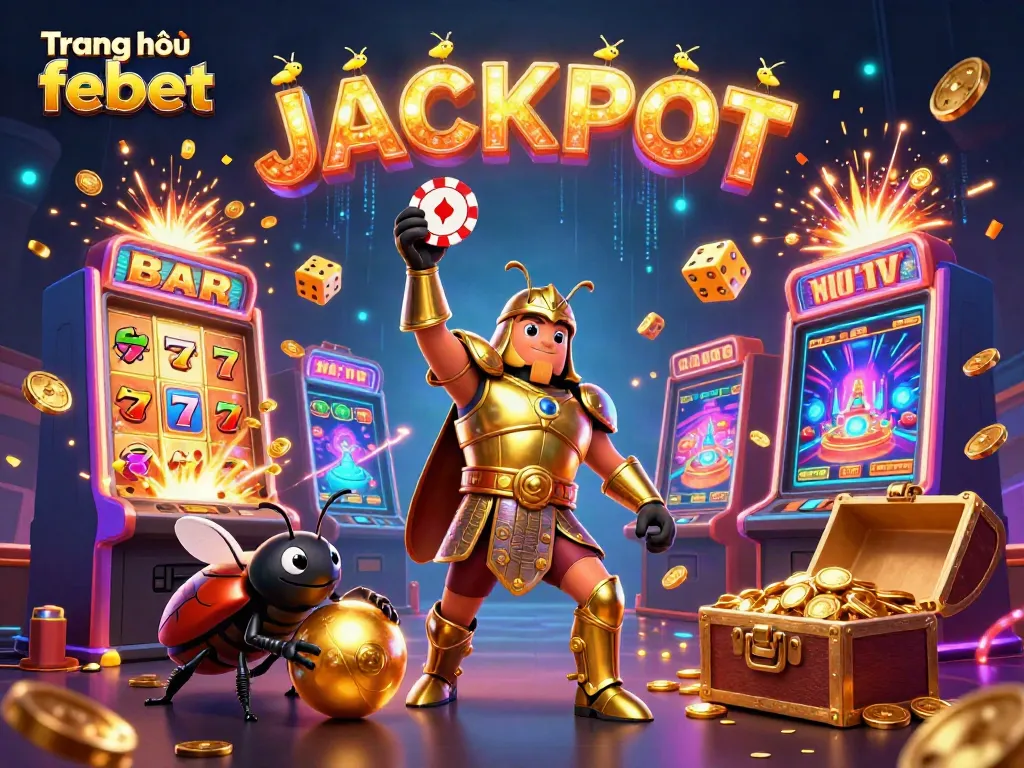 Engage in thrilling gaming at Trang chủ febet with a cartoon beetle showcasing victory in a vibrant casino setting.