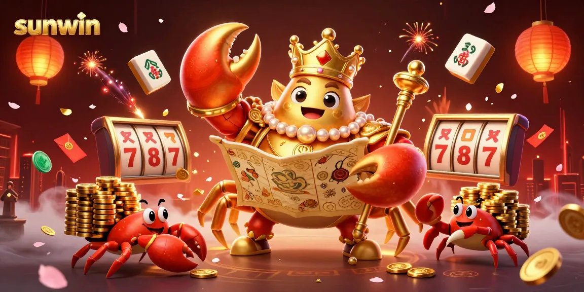 Engage with sunwin at this vibrant online casino scene featuring a golden crab emperor among spinning slot reels and festive decorations.