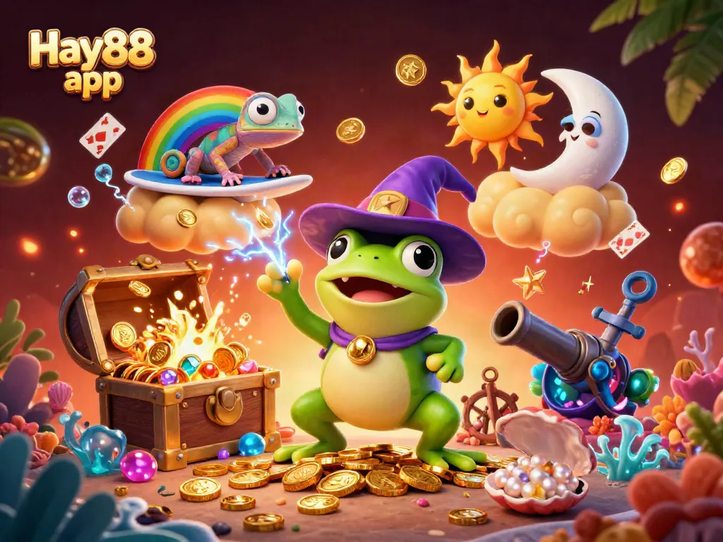 Experience the thrilling Hay88 app with a cartoon wizard frog amidst golden coins and vibrant casino elements