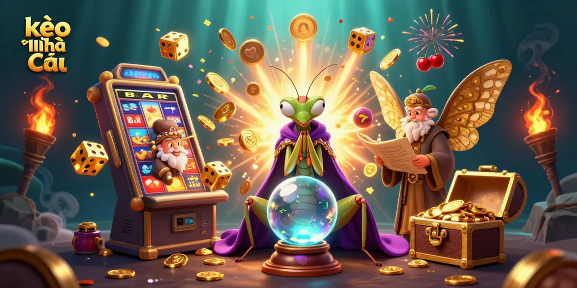 Engage with kèo nhà cái's vibrant energy showcasing a fortune teller and moth librarian amid a jackpot explosion.