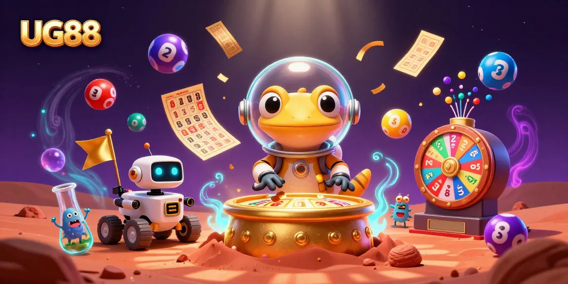 Experience the excitement of UG88, where Martian gecko explores a golden casino amidst vivid lottery elements.