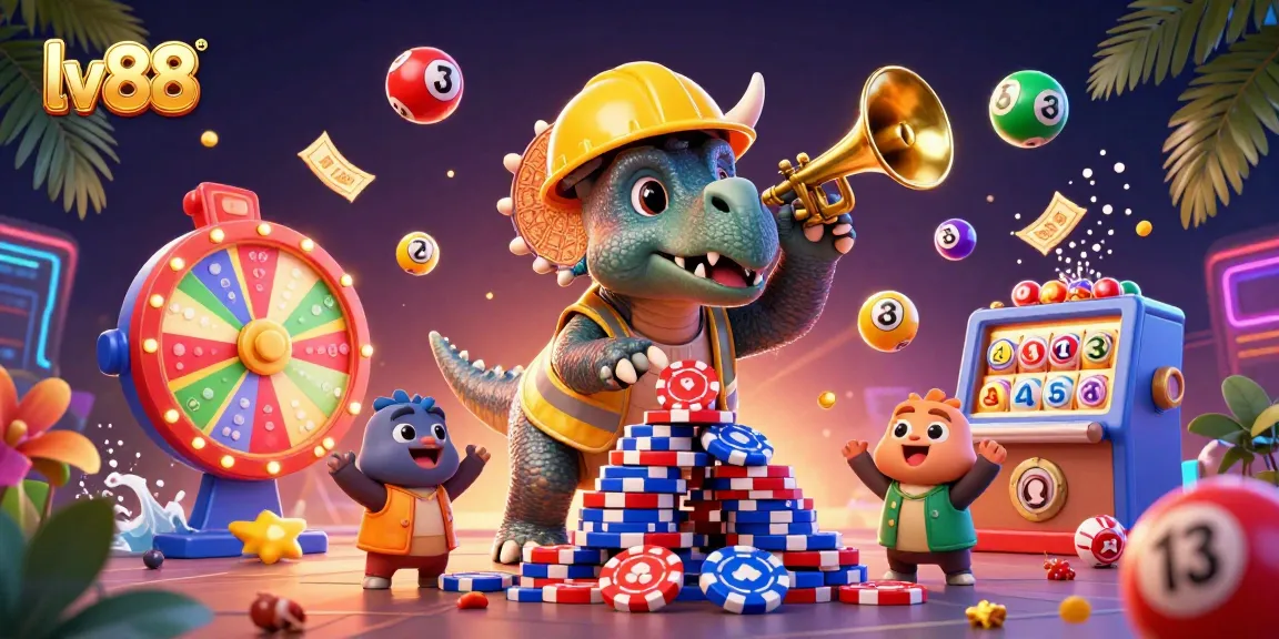 lv88 celebrates gambling excitement with a vibrant cartoon scene of dinosaurs and lottery elements.