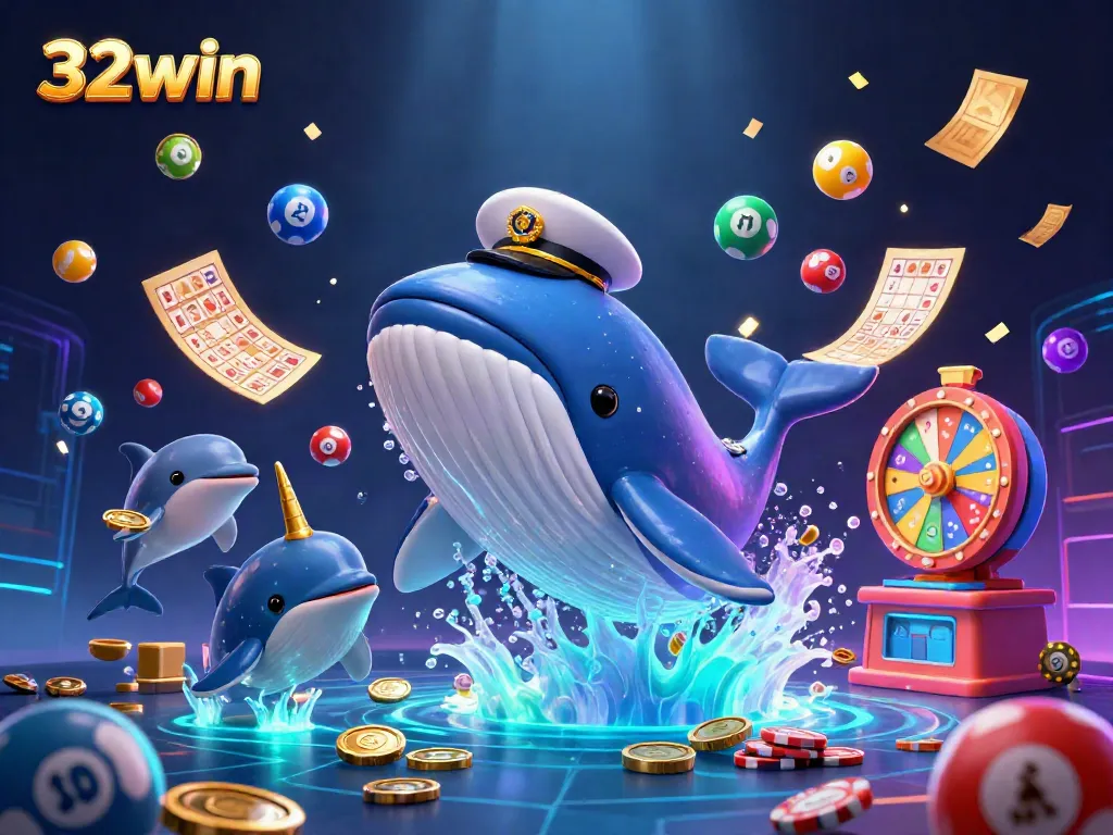Join the exciting world of 32win with a vibrant scene of a whale and friends amidst gaming elements.