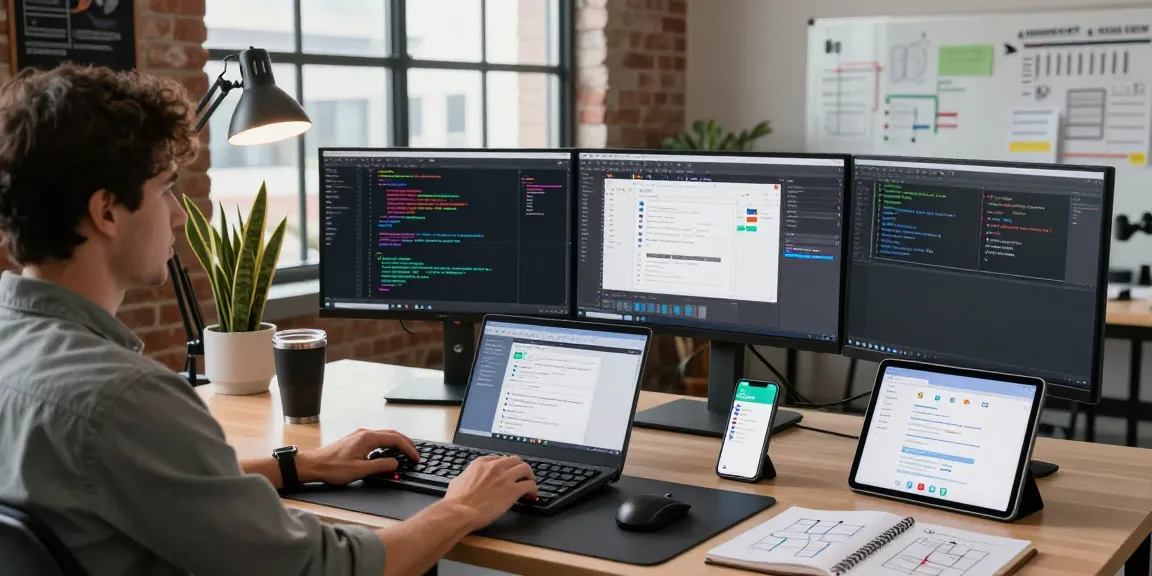 La escena de un desarrollador en un entorno de trabajo moderno, mostrando el segundo número y herramientas de programación.