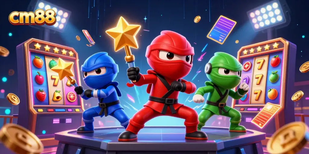 Experience thrilling gameplay with cm88's cartoon chameleon characters in a dynamic casino scene.