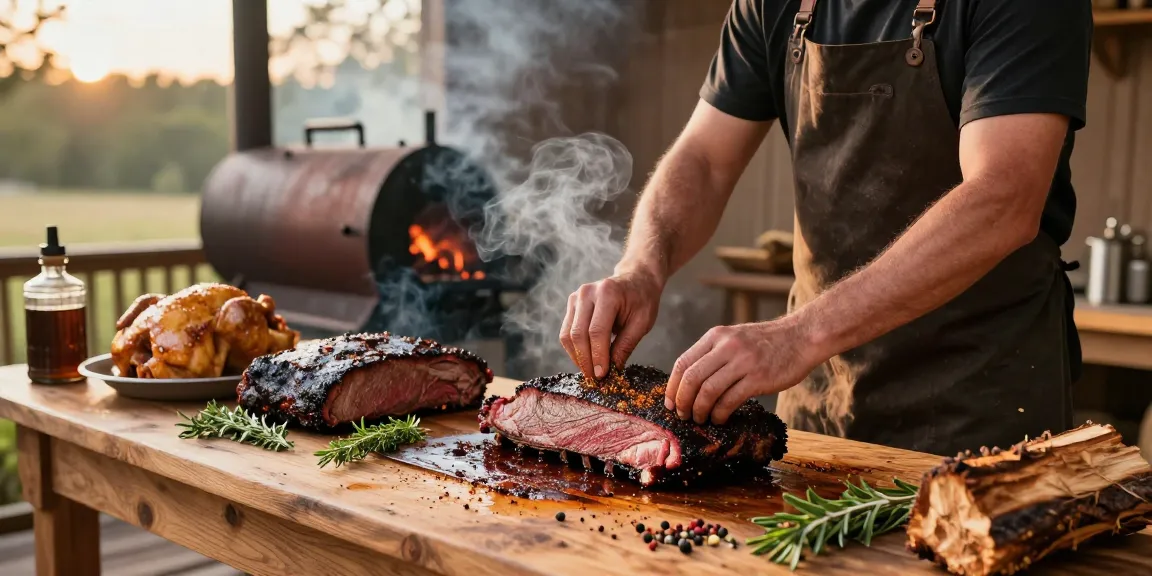 Smoked meats preparation at Moe's Smoke Shop, showcasing rokok88 daftar premium offerings in a rustic kitchen.