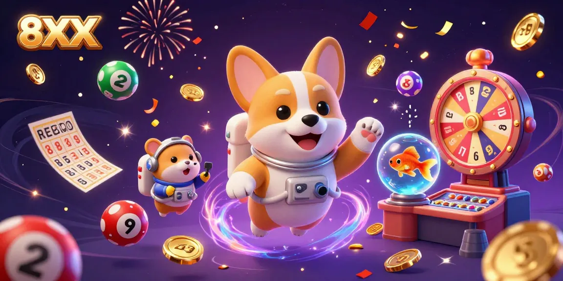 Join the fun at 8XX with colorful lottery balls and casino excitement in a dynamic illustration.