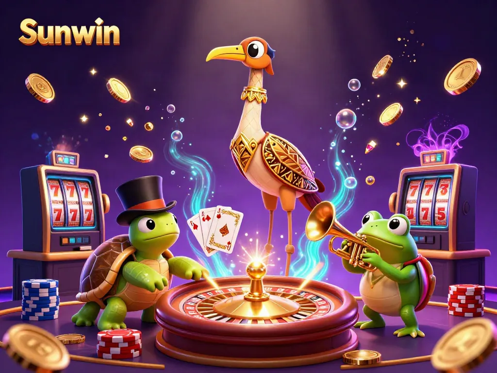 Experience the thrill of gaming with Sunwin as cartoon characters celebrate at a vibrant casino.