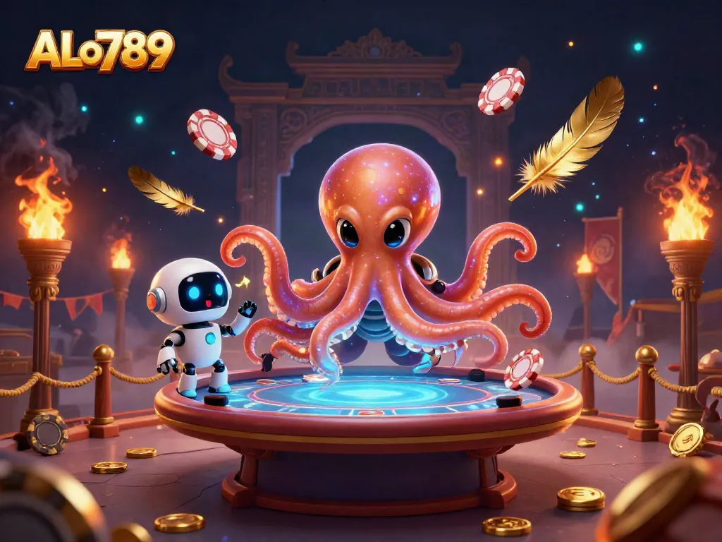 Experience thrilling action with ALo789 as a galactic octopus hosts a poker game amid vibrant casino elements.