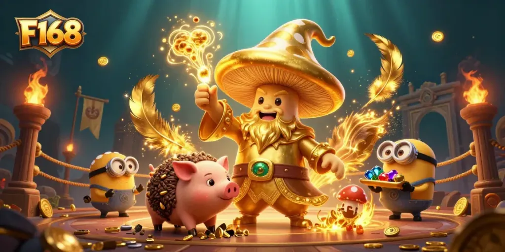 Experience F168 online gaming magic with a wizard, treasure-seeking pig, and gemstone sprites.