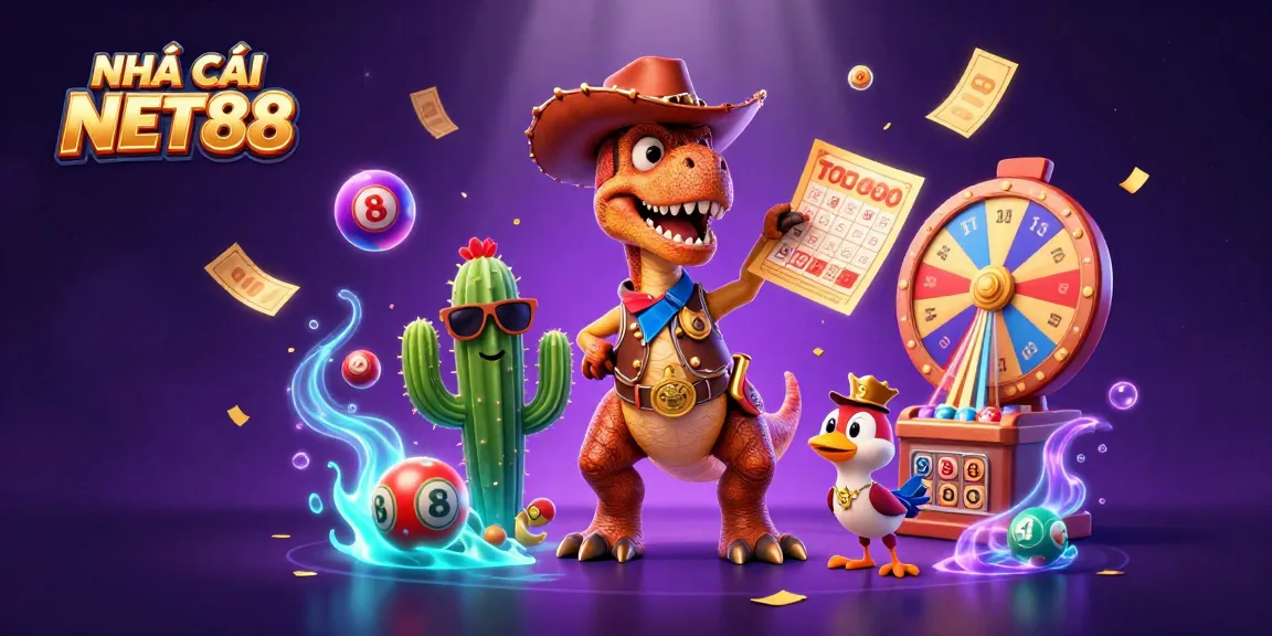 Experience the excitement at NHÀ CÁI NET88 with a vibrant scene featuring a fun dinosaur and interactive gaming elements.