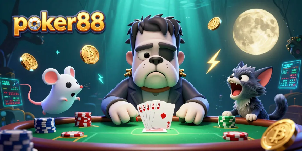 Engage in thrilling poker88 action with a cartoon bulldog dealer and mystical poker elements around