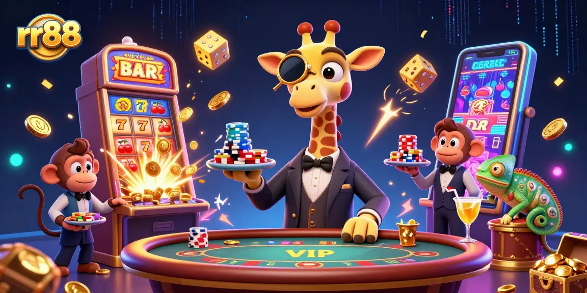 Experience thrilling wins at rr88 with a vibrant casino scene featuring a high-roller giraffe, monkey valet, and chameleon bartender.