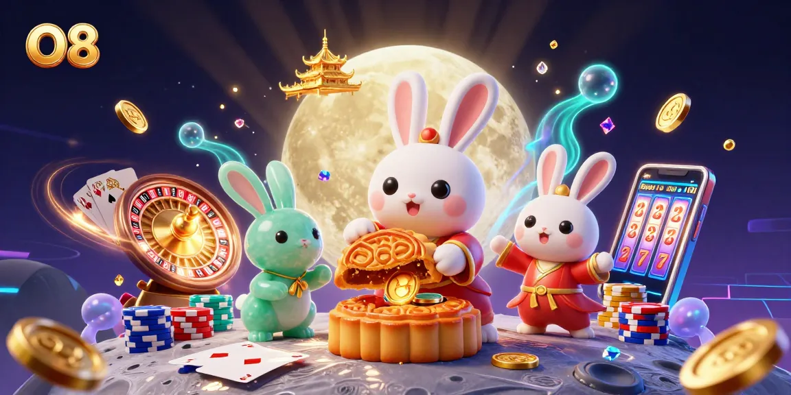 Experience thrilling gaming at O8 with an engaging scene of a moon rabbit surrounded by casino elements.