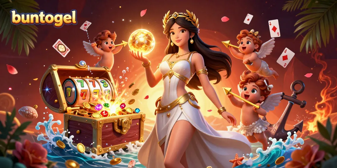 Experience big wins at Buntogel with this vibrant illustration of a goddess and cherubs offering luck in casino games.