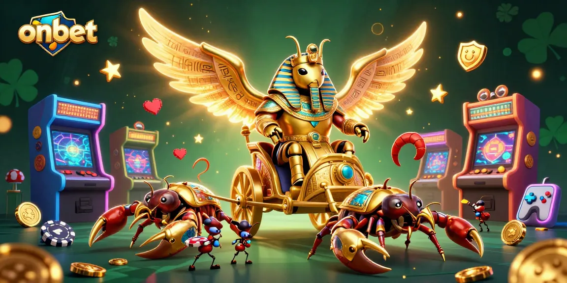 Bet on the engaging experience at onbet, featuring a golden beetle and scorpion chariot amidst vibrant casino elements.