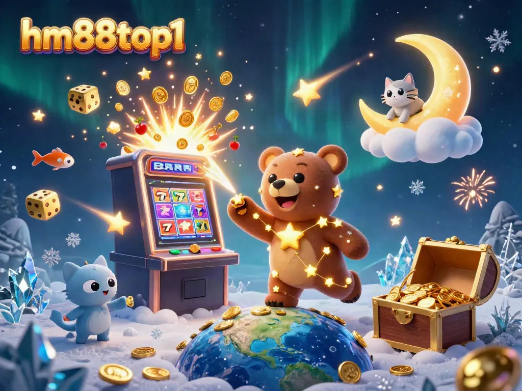 Experience the thrill of casino fun with hm88top1's cosmic jackpot scene featuring a constellation bear, winning coins, and more.