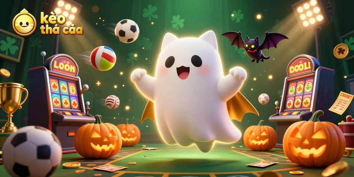 Experience kèo nhà cái with this lively illustration featuring sports elements and a friendly ghostly cat.
