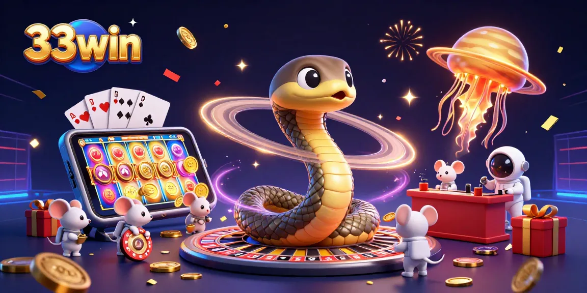 33win cosmic casino with a snake roulette wheel and astronaut mice betting.